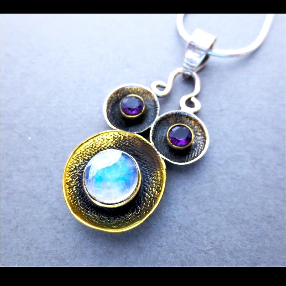 Rainbow Moonstone Amethyst Gemstone Sterling Pendant Necklace - Picture 1 of 7